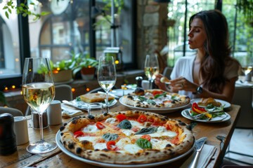 Woman enjoying pizza and wine at table, fast food feast