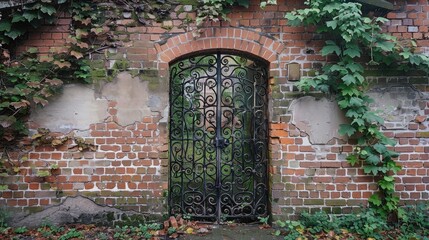 A brick wall with a decorative wrought iron gate, hinting at hidden treasures beyond.