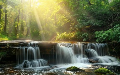 A small waterfall cascading over rocks, surrounded by dense forest and creating a tranquil, magical scene
