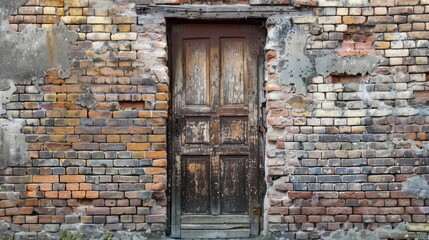 A brick wall with a worn wooden door, evoking a sense of mystery and intrigue.