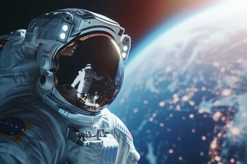 Astronaut in space with helmet floating in front of the Earth