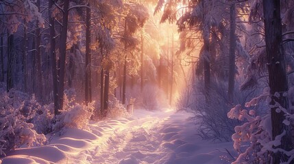 A winter forest path, blanketed in snow and illuminated by the soft light of dawn, creating a serene and enchanting scene