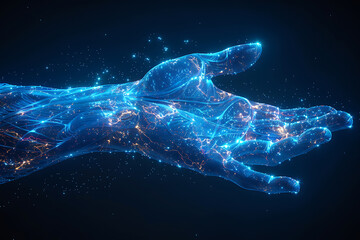 Fototapeta premium A wireframe low poly illustration of human strength featuring a 3D hand with a bent fist, connected by dots, symbolizing physical power and athleticism