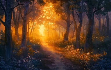 An enchanted forest trail at dawn, where the first light of day bathes the trees in a warm, magical glow