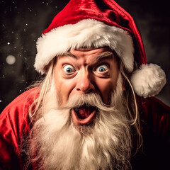 Surprised Santa Claus in a Christmas hat with surprised and joyful emotions in the snow on a dark background