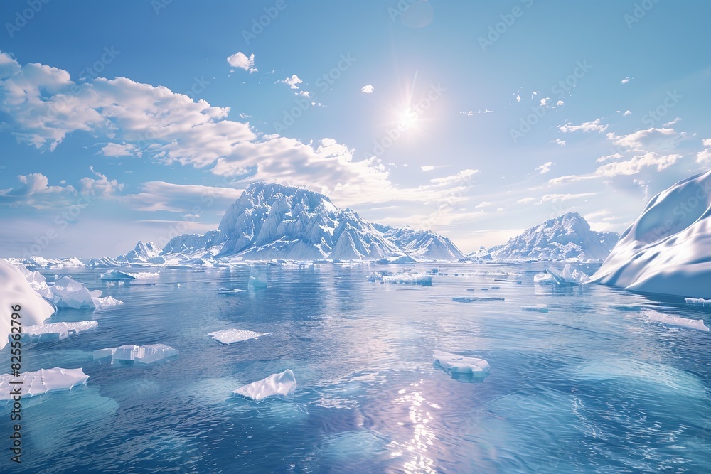Poster a large body of water surrounded by towering icebergs in a cold arctic landscape. generative ai