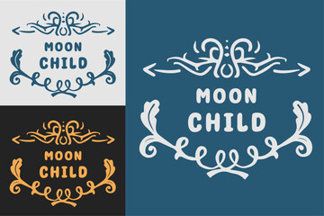 Moon child lettering badge emblem poster design. Groovy retro vintage style. Spiritual girls aesthetic quotes. Witchy text for t-shirt design and print vector.