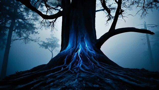 Blue energy roots imbued with energy, abstract background illustration of a tree in the dark