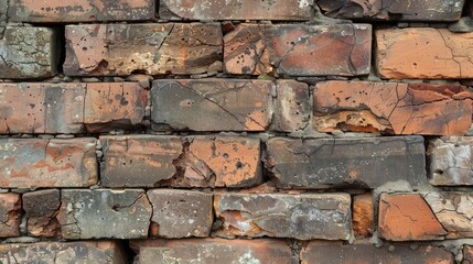 Fototapeta premium A close-up of vintage bricks forming a wall, with cracks and imperfections adding character.