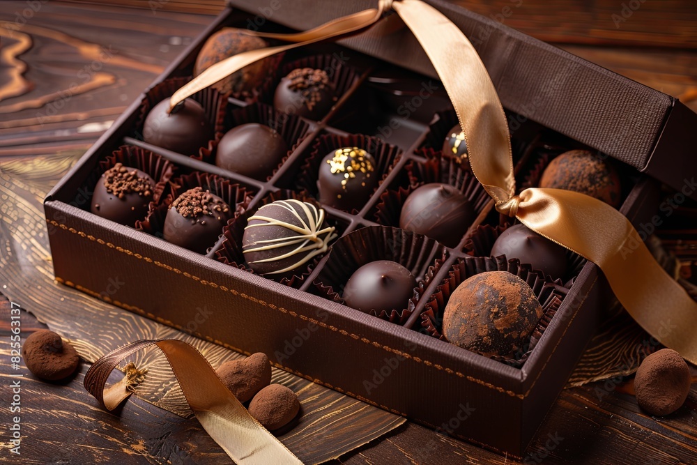 Aufkleber elegant box of chocolate truffles with ribbons on a wooden table. generative ai