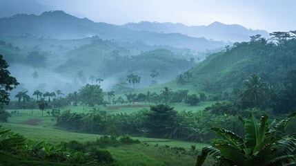 A countryside landscape bathed in soft rain, with rolling hills and lush vegetation flourishing in the rainy season.