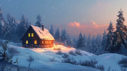 A cozy cabin nestled in a snowy landscape, radiating warmth and coziness during the winter season.