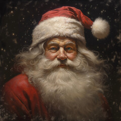 Vintage Santa Claus in a Christmas hat with surprised and joyful emotions in the snow on a dark background Illustration