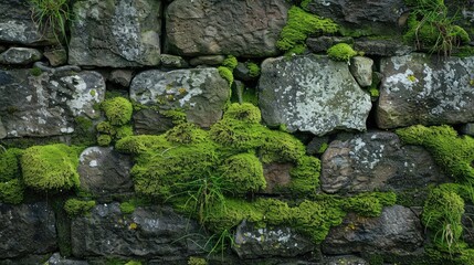 A crumbling stone wall with patches of vibrant green moss, telling tales of bygone eras.