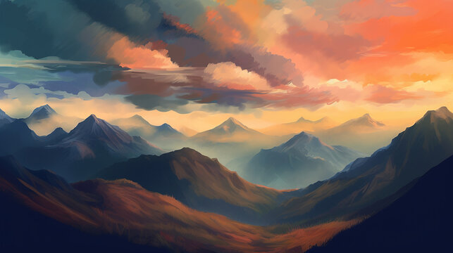 photo-realistic mountain ranges, clear, vivid and bright colors, randomized cloud formations, gently rolling hills transitioning into steep, rugged mountains, patches of golden sunlight breaking throu