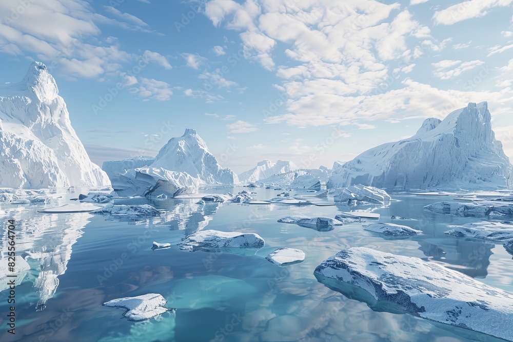 Poster icebergs drift on the waters surface in a cold, arctic scene. generative ai