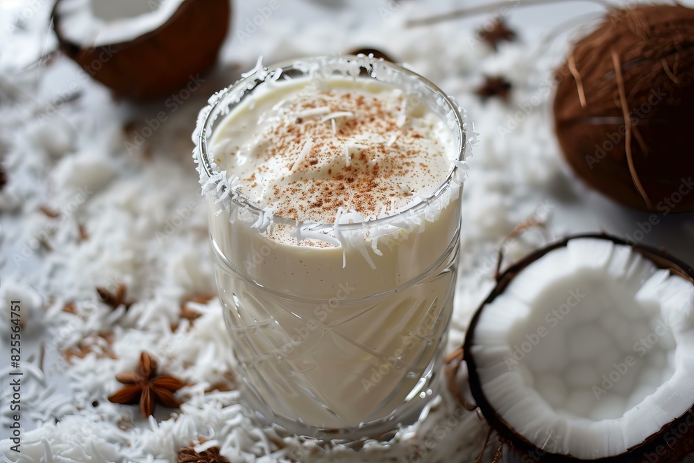 Poster Tantalizing coconut cocktail garnished with whipped cream and shredded coconut, presented amidst a rustic setting