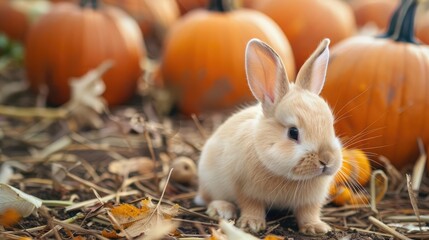 A fluffy bunny exploring a pumpkin patch during autumn