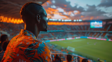 A lone fan stands in the stands, looking out at the field during a football game, with a colorful sunset in the background