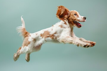 Brittany dog Jumping and remaining in mid-air, studio lighting, isolated on pastel background, stock photographic style