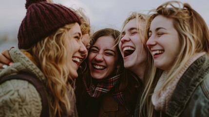 Fototapeta premium A group of friends laughing heartily, sharing a moment of pure joy and camaraderie together.