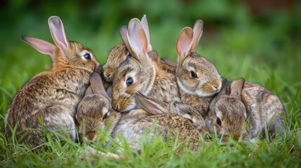 A group of baby rabbits cuddled together in a soft, grassy field.