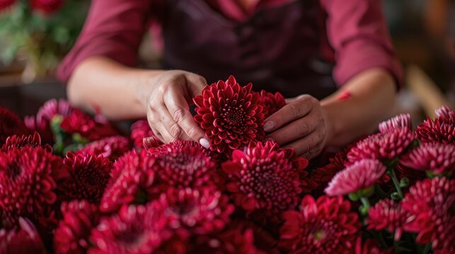 Female flower arranger creates an arrangement of deep red mums
