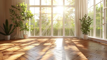 A hardwood floor in a sunlit room with large windows, welcoming natural light and warmth indoors.