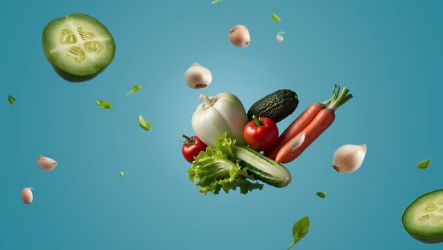 Animation, different vegetables like cucumber, broccoli, leafy greens, and garlic seem to float in a bright blue space. Concept of nutrition and healthy living