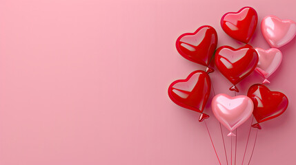 valentine s day background with red and pink hearts like balloons on pink background flat lay.