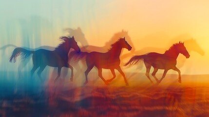 Wild horses running free in the open field at sunset with a blue and orange sky