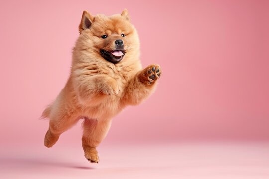 Chow Chow dog Jumping and remaining in mid-air, studio lighting, isolated on pastel background, stock photographic style