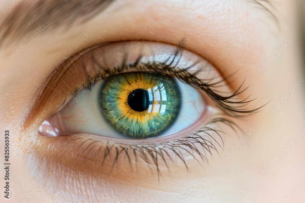 Sticker macro shot of an eye reflecting a futuristic cityscape, embodying the intersection of human vision a