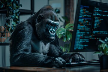 Digitally enhanced gorilla intently codes on a modern computer setup