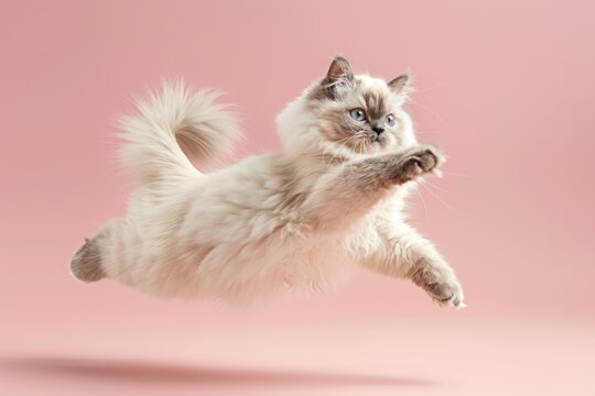 Himalayan cat Jumping and remaining in mid-air, studio lighting, isolated on pastel background, stock photographic style
