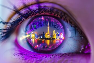 Intensely detailed eye with neon pink reflections of a bustling cityscape, showcasing vibrant urban night life