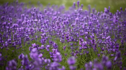 Fototapeta premium A meadow blanketed with vibrant purple lavender flowers, filling the air with a sweet and calming fragrance.