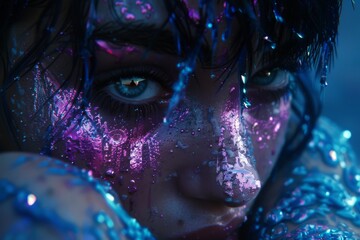 Mysterious portrait of a young man with futuristic purple glitter on his face, reflecting a sci fi theme and emotion
