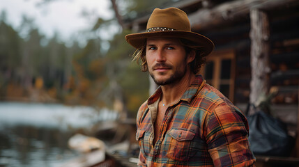 Man in a Cowboy Hat Standing in Front of a Cabin in the Woods