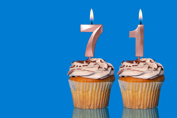 Birthday Cupcakes With Candles Lit Forming The Number 71.