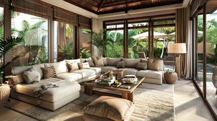 Fototapeta premium Tropical-Themed Living Room With Rattan Furniture, Palm Leaf Prints, And Tropical Plants, Room Background Photos
