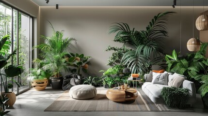 Urban Jungle Living Room Filled With Lush Indoor Plants, Botanical Prints, And Natural Materials, Room Background Photos