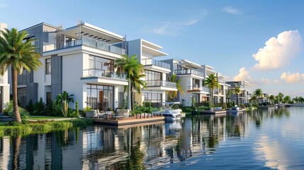 luxurious waterfront living townhomes with private docks and breathtaking views 3d rendering
