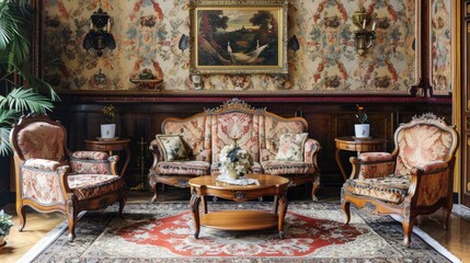 Victorian-Style Living Room With Antique Furnishings, Intricate Wallpapers, And Velvet Drapes, Room Background Photos