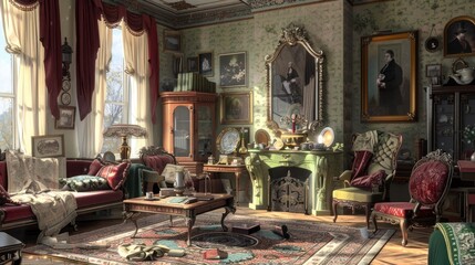Victorian-Style Living Room With Antique Furnishings, Intricate Wallpapers, And Velvet Drapes, Room Background Photos