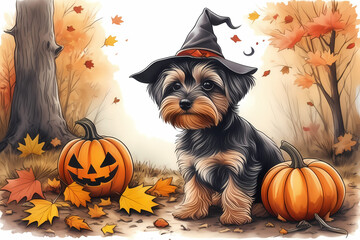 Charming illustration depicts a Yorkshire Terrier puppy donning a witch hat amidst a Halloween scene adorned with pumpkins, a playful twist on spooky tradition.