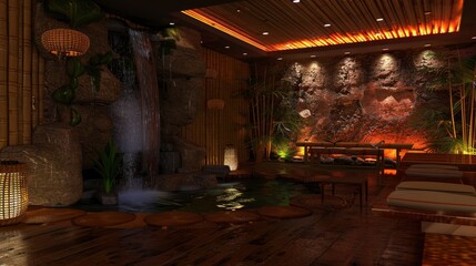 Obraz premium Zen-Inspired Living Room With A Calming Waterfall Feature, Bamboo Accents, And Meditation Space, Room Background Photos
