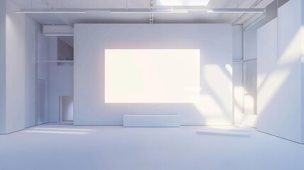 minimalist white studio with blank wallmounted screen futuristic 3d interior rendering
