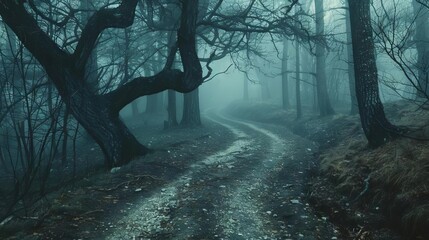 mystical misty forest with gnarled trees and winding path atmospheric halloween background