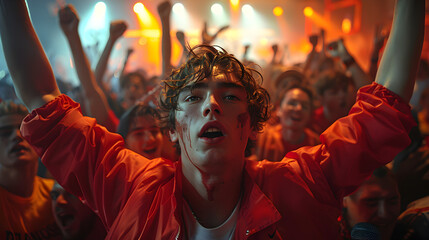 Obraz premium Intense warrior amidst a fiery battlefield, digital art